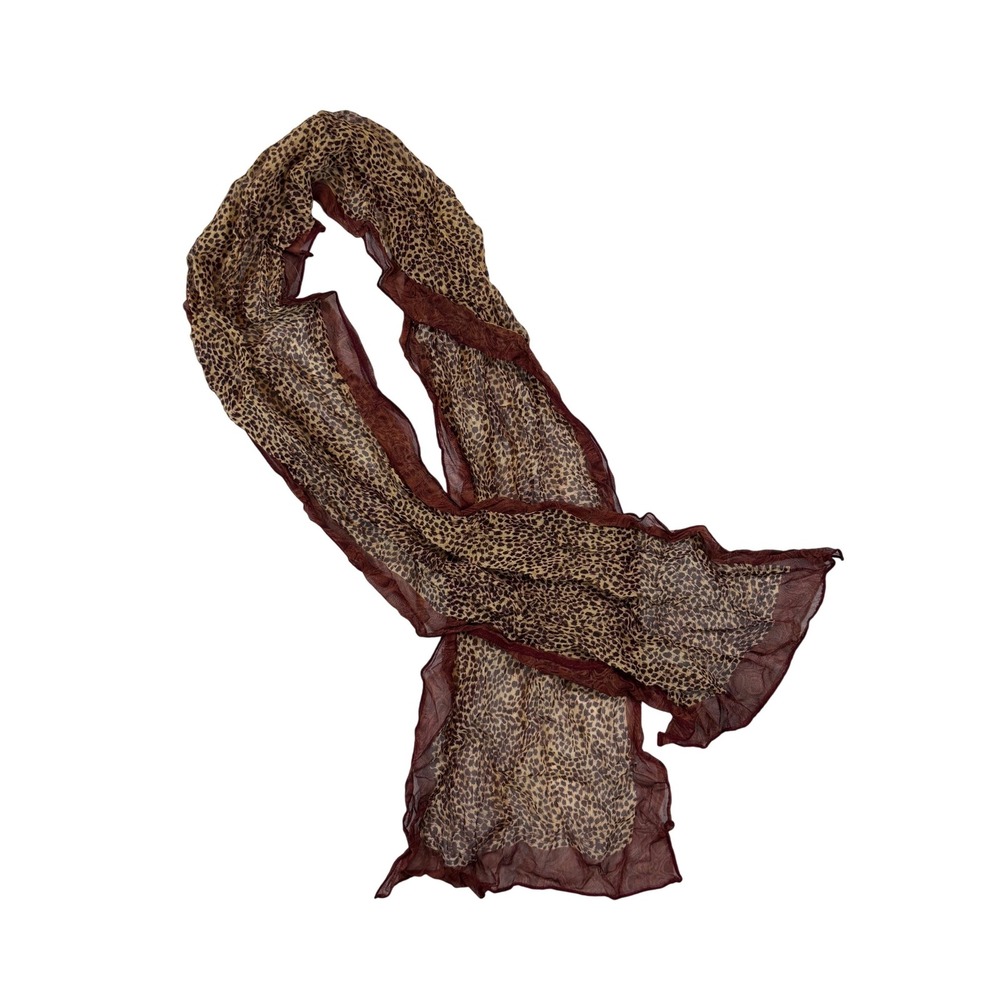 Leopard Print Scarf Burgundy Brown Sheer Ruffle Edge 52x10 Mob Wife Indie Y2K